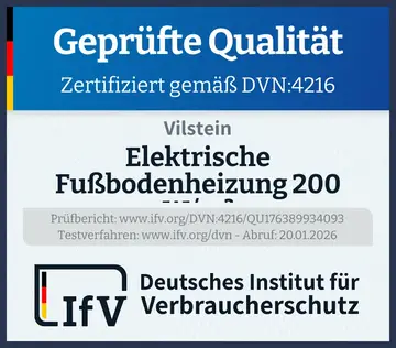 Prüfsiegel Elektrische Fußbodenheizung 200 W/m²