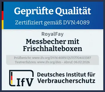 Prüfsiegel Messbecher mit Frischhalteboxen