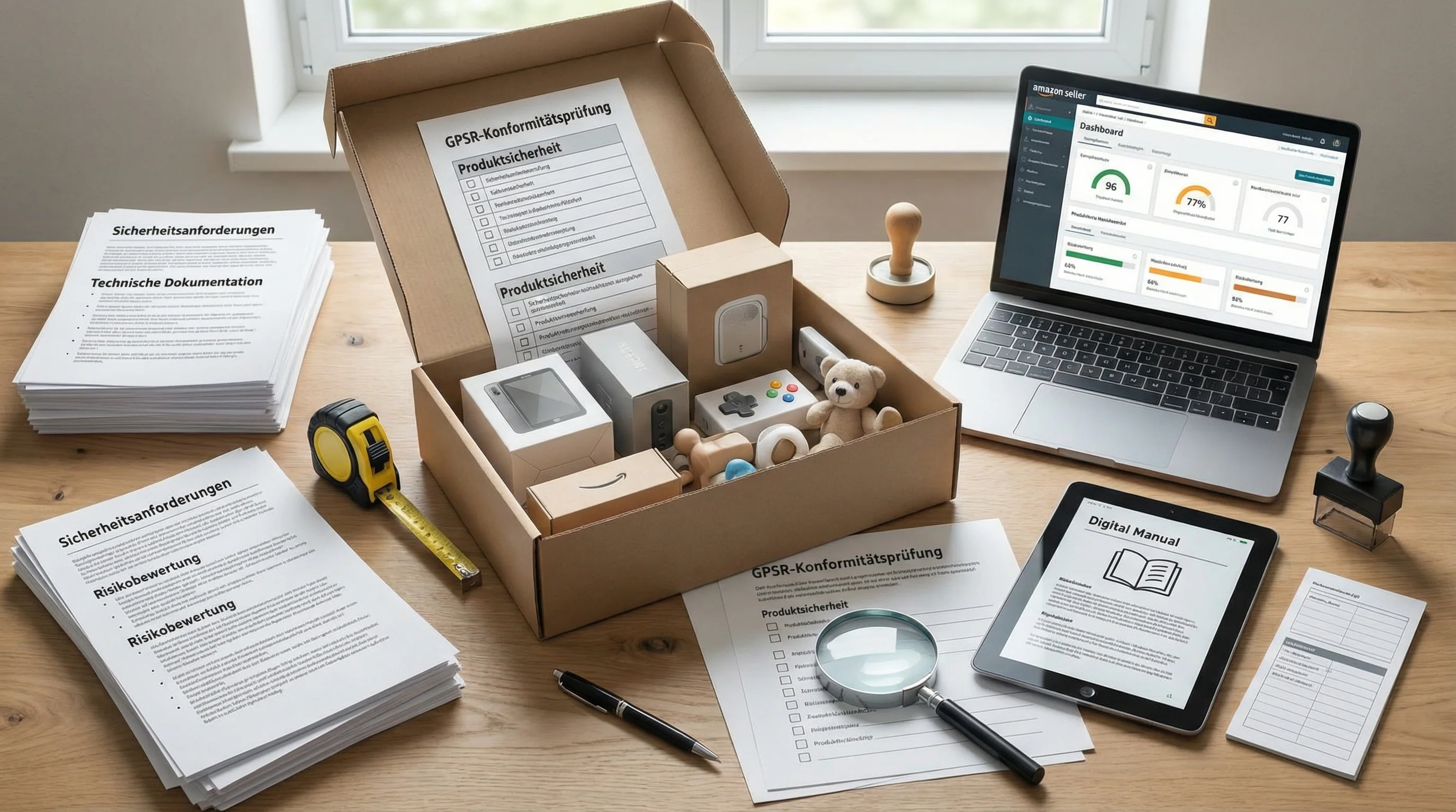 Marktplatznahe Produktdokumentation mit Checklisten, Versandkarton und Compliance-Unterlagen