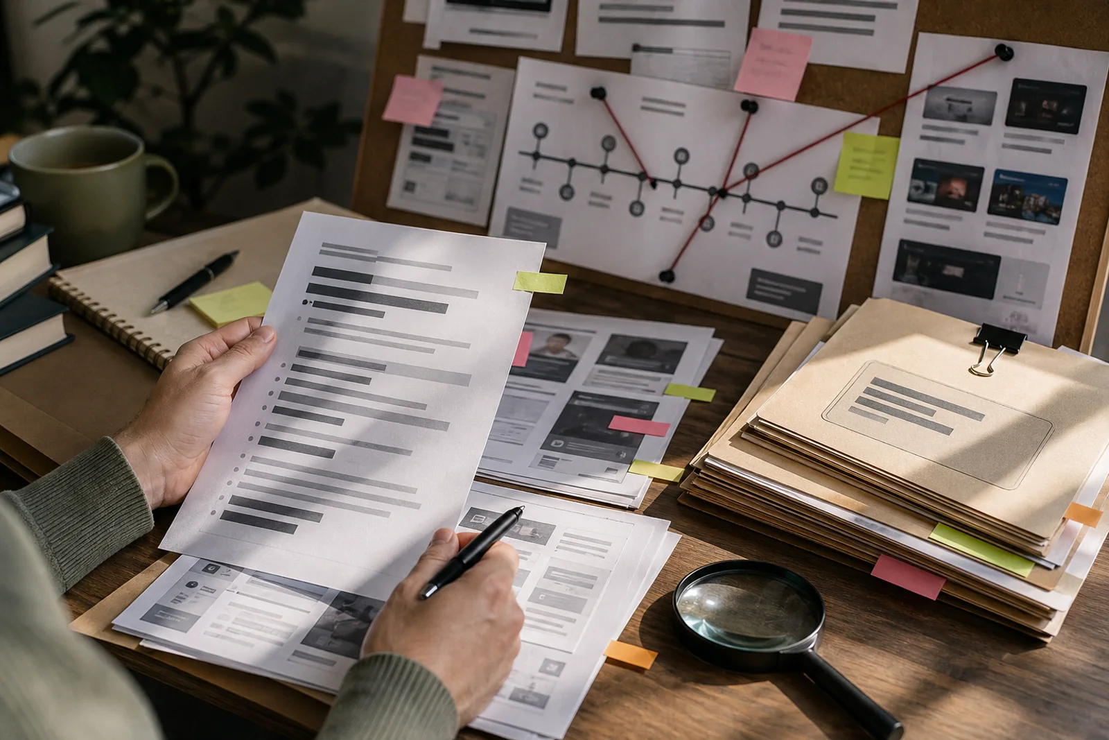 Redigierte Unterlagen, Notizen und Belege als Symbol für eine investigative Verbraucherrecherche