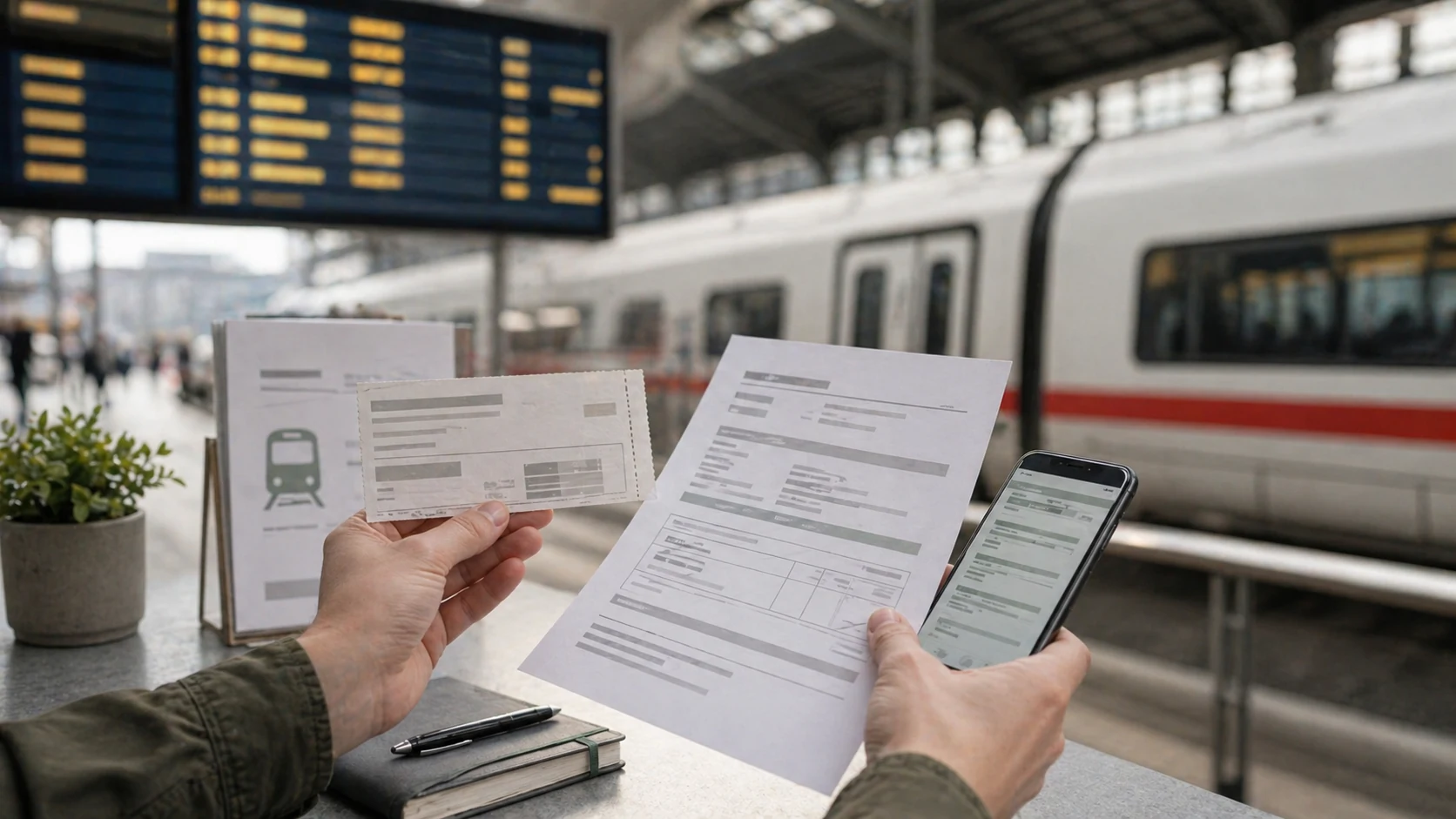 Bahnticket, Fahrgastrechteformular und Zug am Bahnsteig als Symbolbild für Entschädigung bei Verspätung