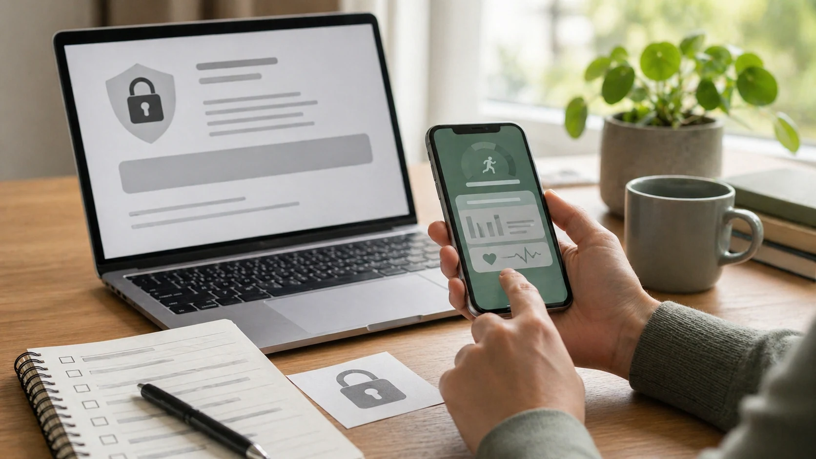Fitness-App, Laptop und Datenschutz-Checkliste als Symbolbild für ein Datenleck
