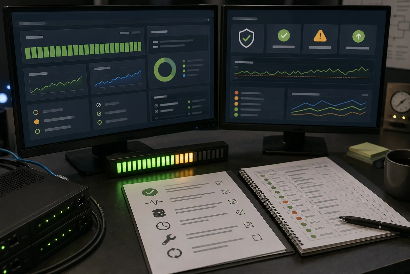 Monitoring-Anzeigen, Statusleiste und Testprotokoll als Symbol für digitale Zuverlässigkeit