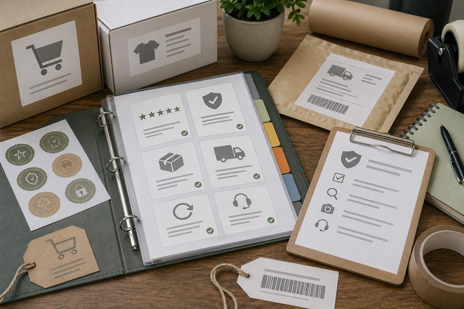 Paketunterlagen, Nachweiskarten und Siegelbogen als Symbol für Vertrauen im E-Commerce