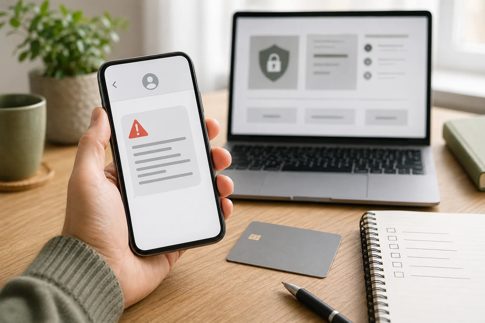 Gefälschte Bank-Sicherheitswarnung per SMS auf einem Smartphone neben einem Warnsymbol