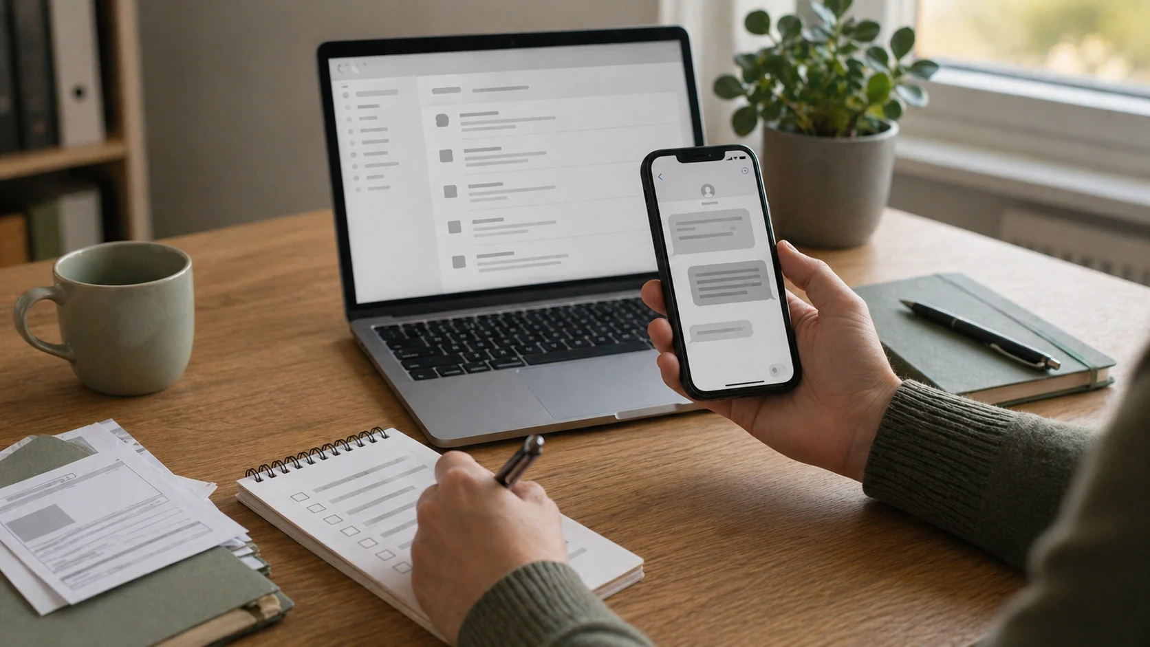 Smartphone-Nachricht, Laptop und Notizen als Symbolbild für Fake-Inkasso per SMS