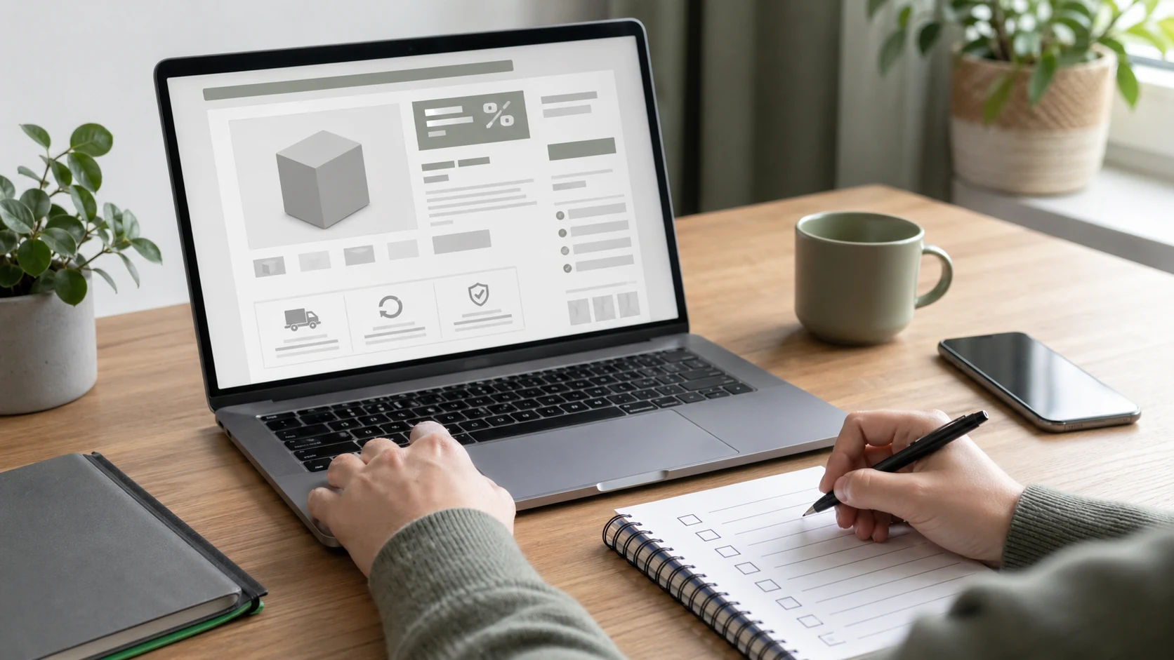 Online-Shop-Prüfung mit Laptop und Checkliste als Symbolbild zum Erkennen von Fake-Shops