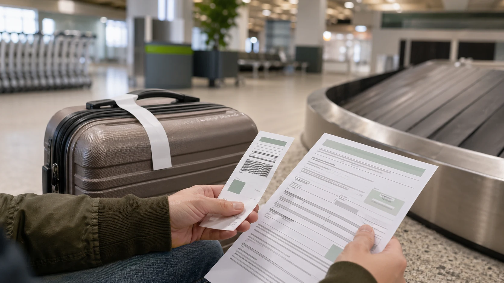 Reisekoffer, Gepäckbeleg und Schadensformular am Flughafen als Symbolbild für verlorenes Fluggepäck