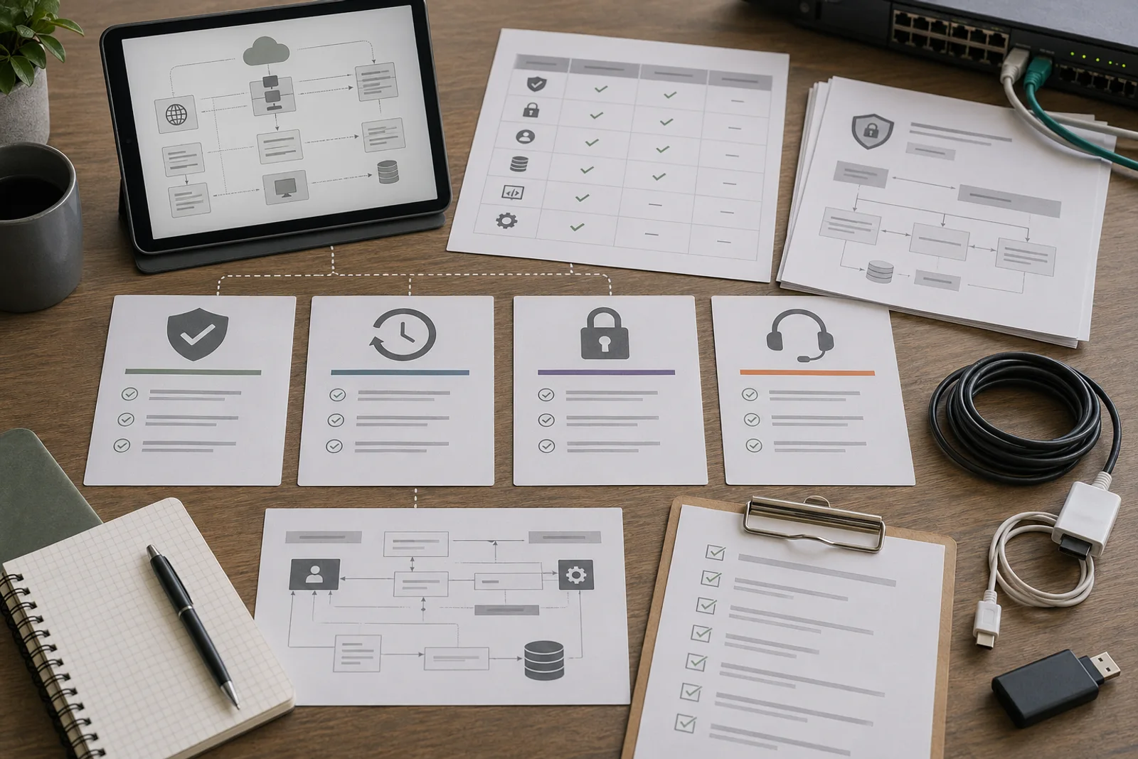 Plattformdiagramme, Sicherheitskarten und Zertifizierungsfelder als Symbol für IT-Prüfkriterien
