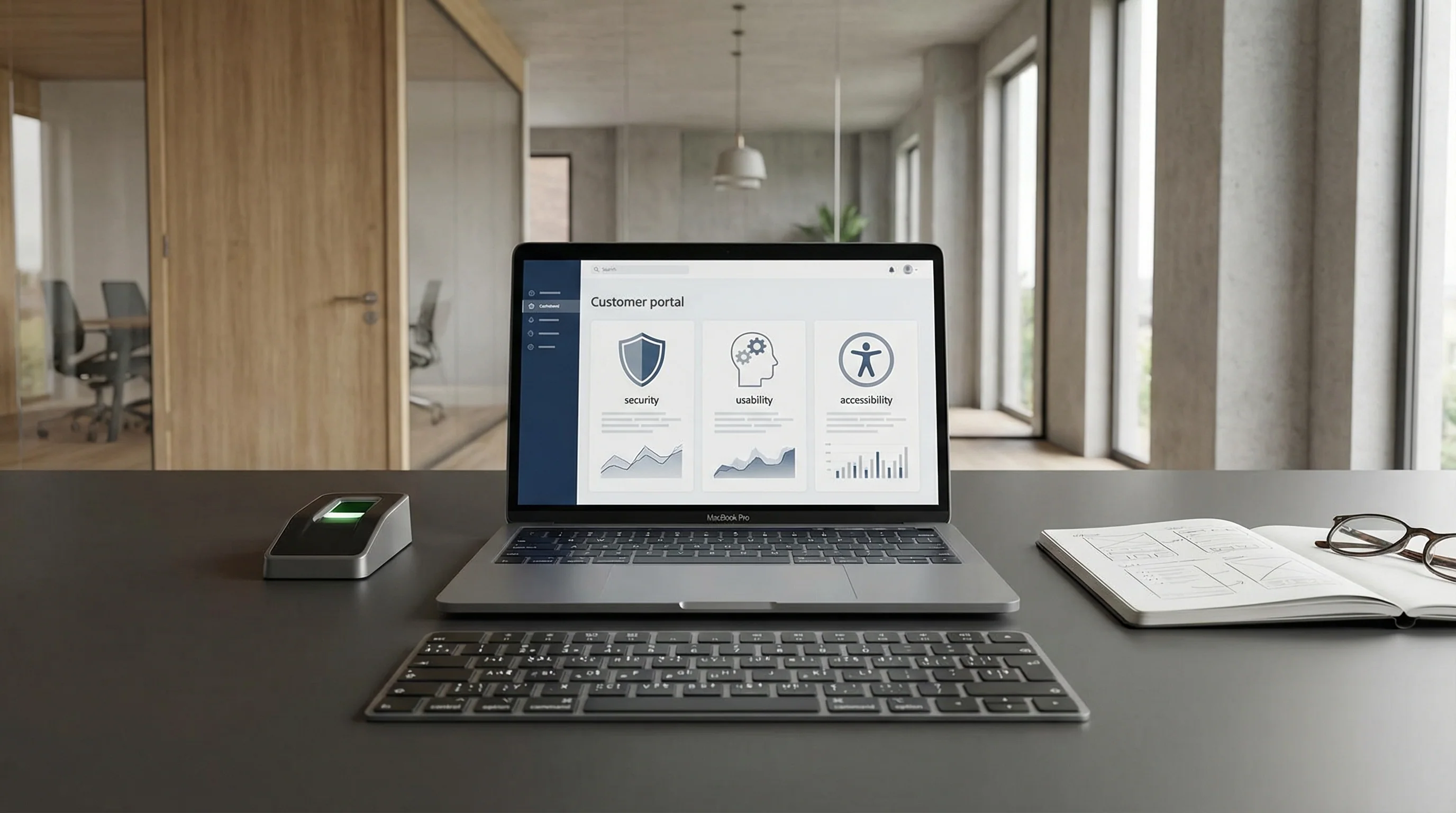 Kundenportal auf Laptop in realistischer Büroumgebung mit Fokus auf Sicherheit und Nutzbarkeit