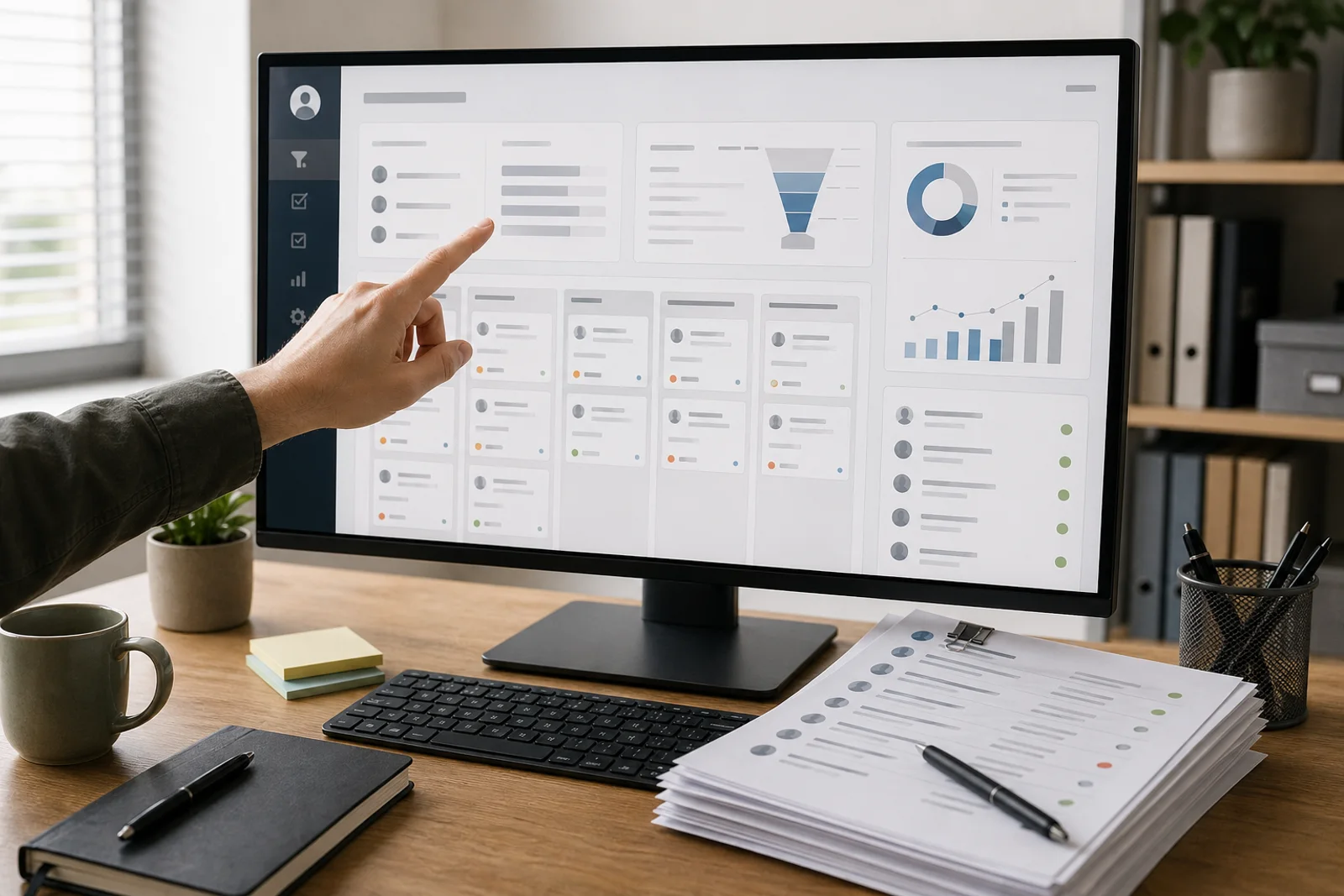 Abstraktes B2B-Dashboard mit Auswertungskarten und Lead-Unterlagen auf einem Schreibtisch