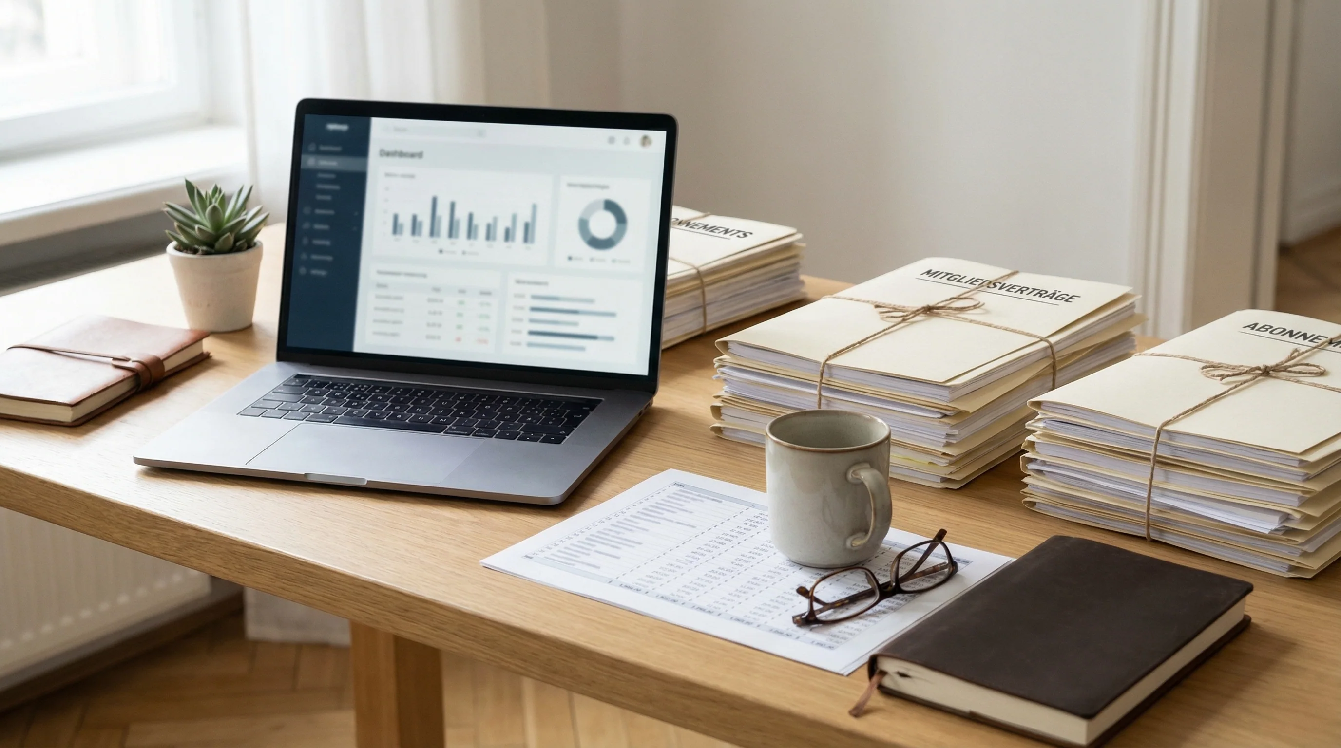 Mitgliedschafts- und Abonnementverwaltung mit Unterlagen, Laptop und strukturierter Vertragsübersicht