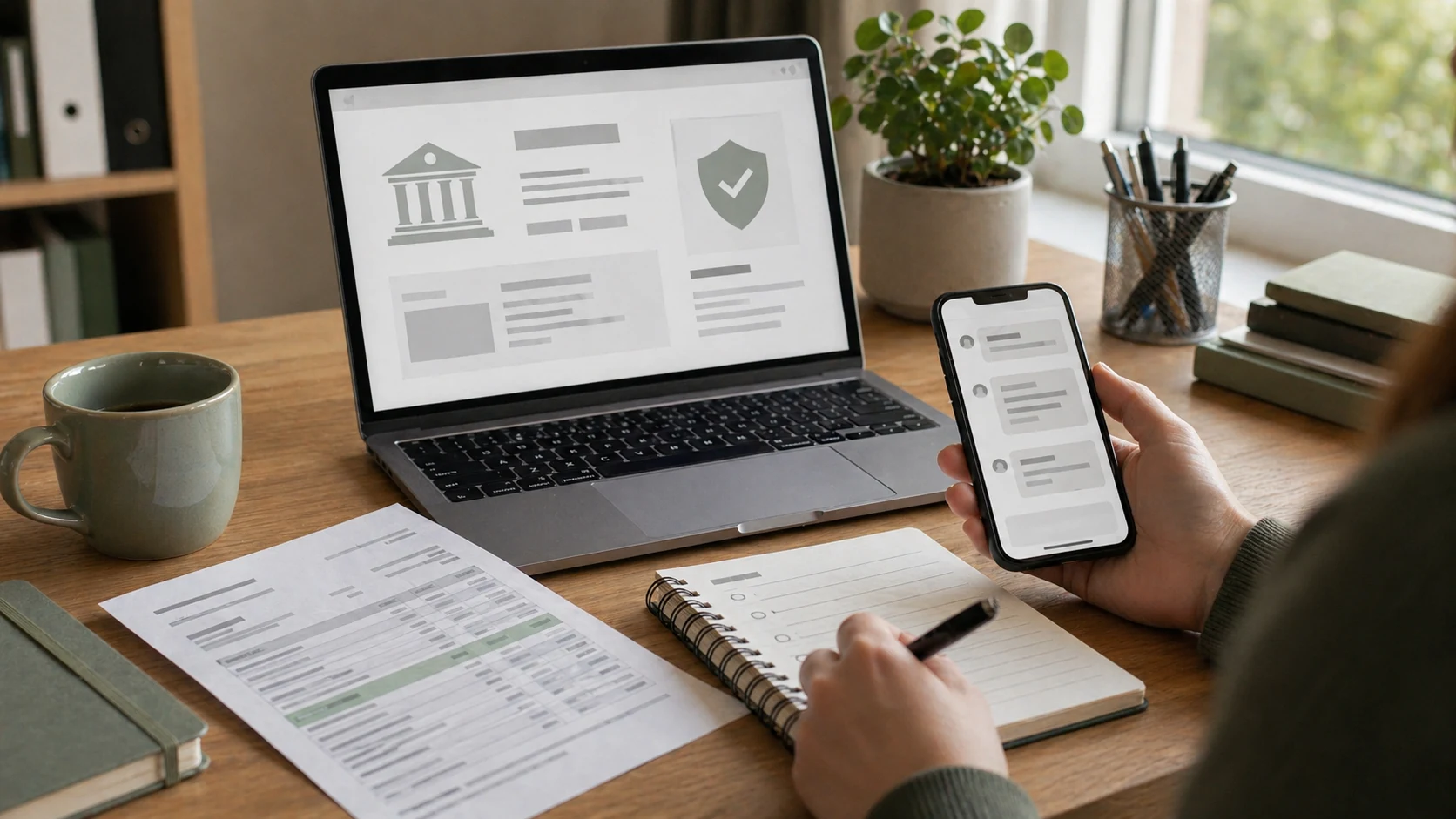 Onlinebanking-Übersicht, Smartphone und Sicherheitsnotizen als Symbolbild für Phishing