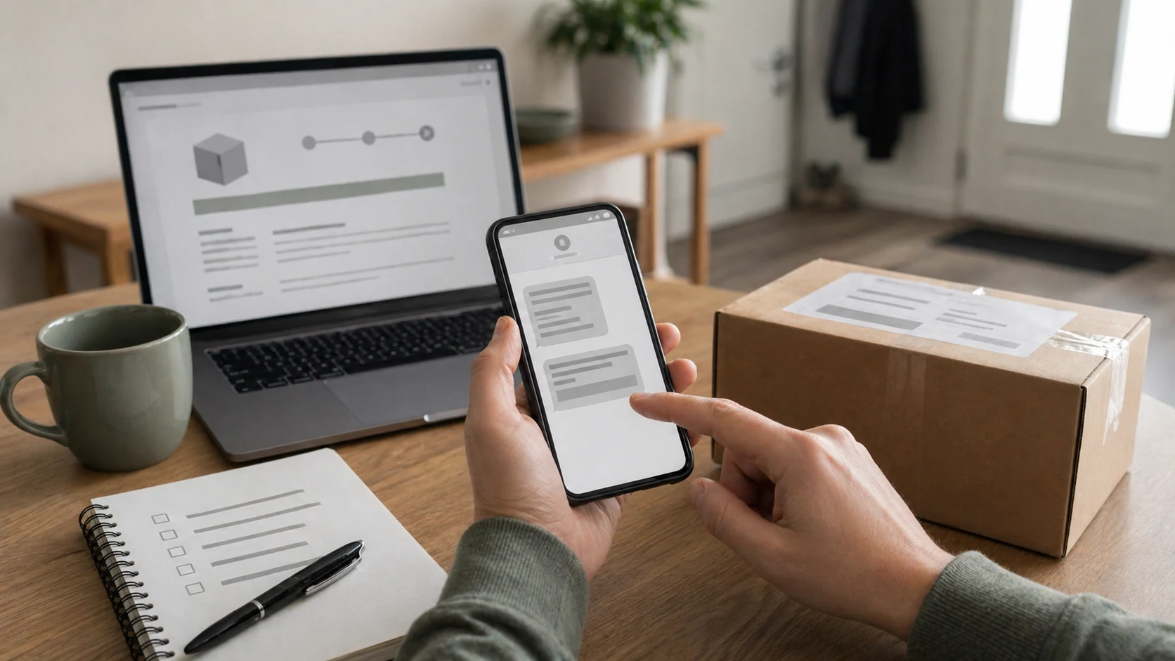 Paket, Smartphone-Nachricht und Prüfnotizen als Symbolbild für gefälschte Paketbenachrichtigungen