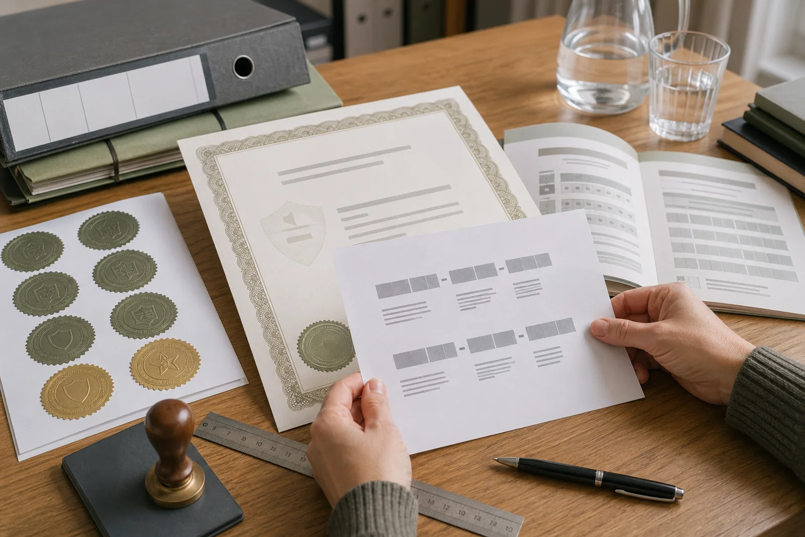 Presseunterlagen mit Zertifikatssiegeln und Nummernschema als Symbol für neue DVN-Zertifikatsnummern
