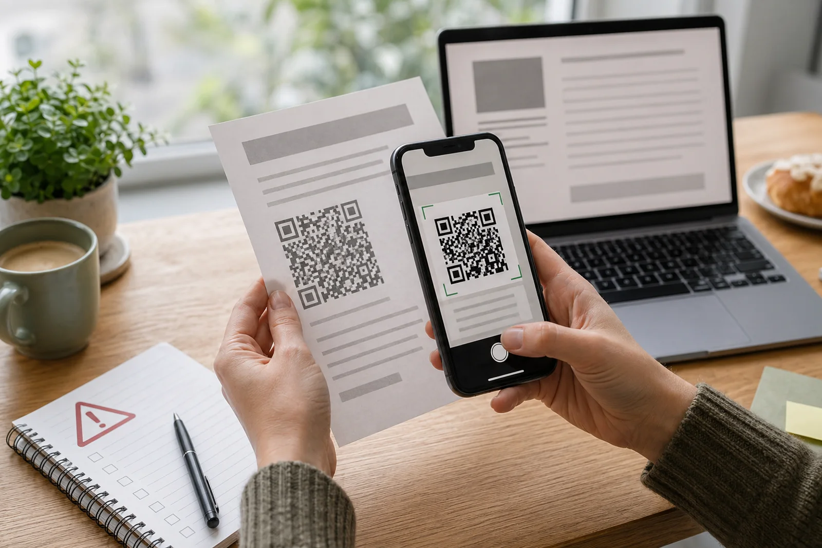 QR-Code auf einem Plakat mit Warnsymbol als Hinweis auf Quishing und betrügerische Weiterleitungen