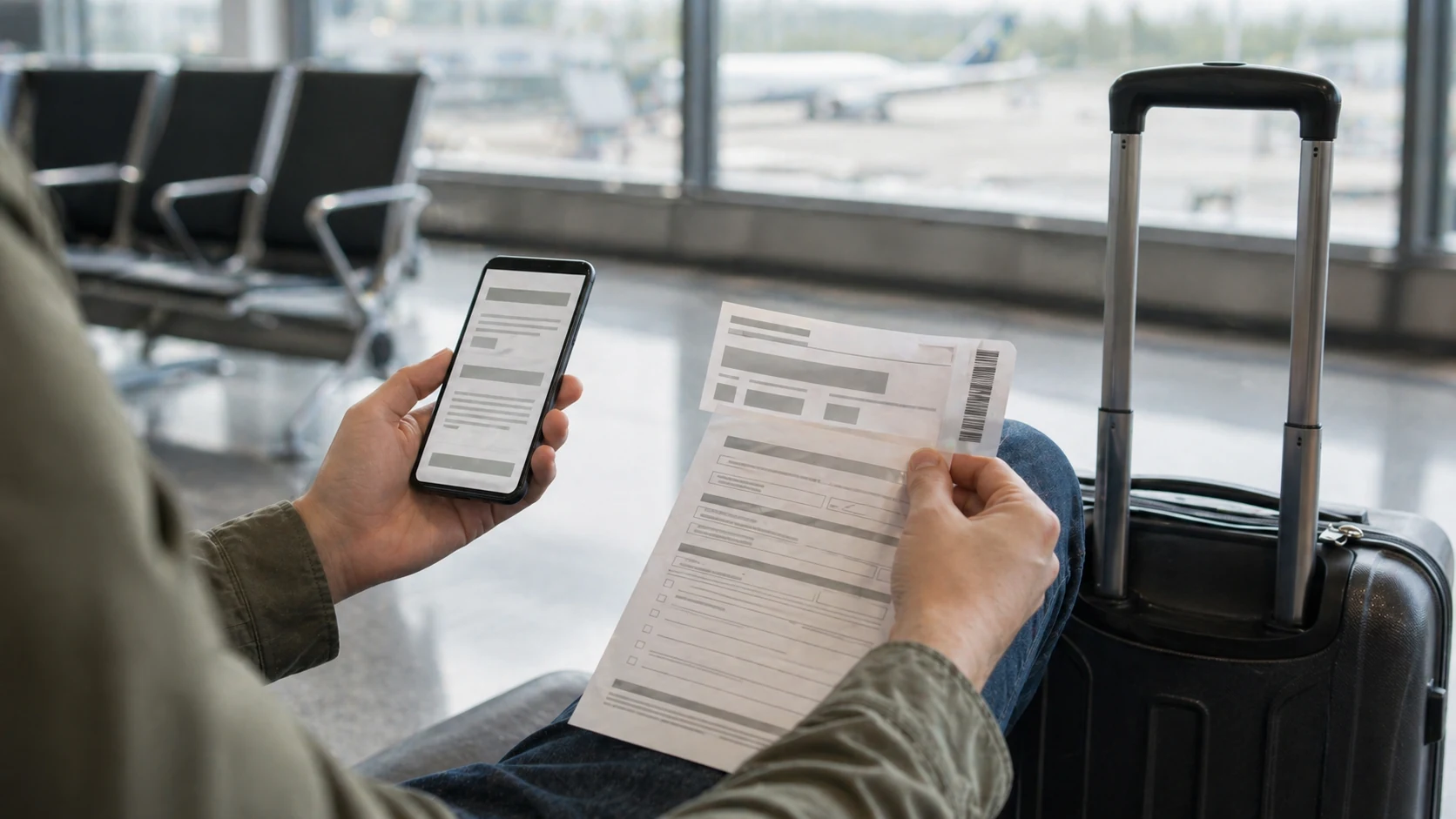 Flugdokumente, Smartphone und Handgepäck am Flughafen als Symbolbild für Rechte bei Flugverspätung