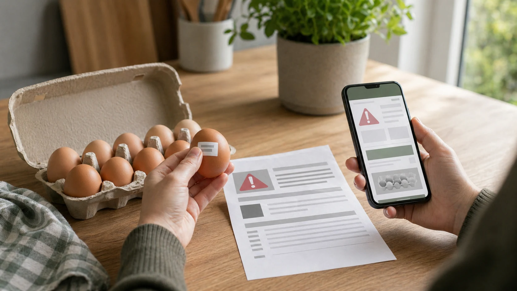Eierkarton, Rückrufhinweis und Smartphone-Warnung als Symbolbild für Salmonellen-Rückruf