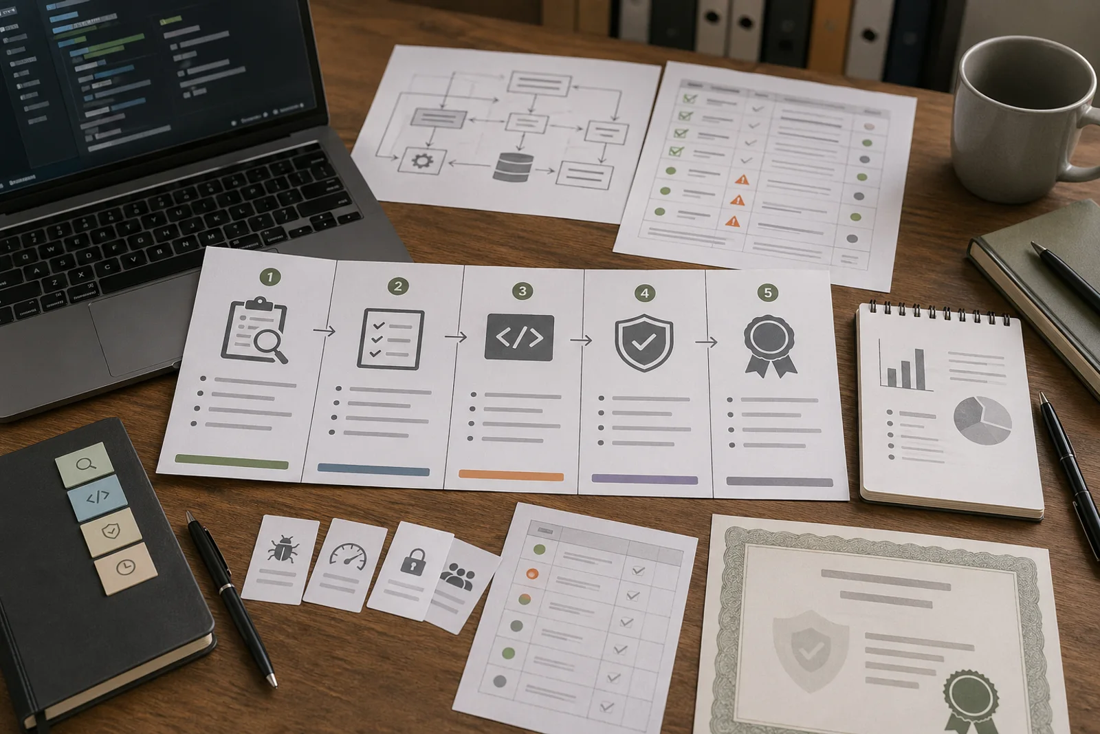 Software-Prüfkarten, Testprotokolle und Zertifikatsentwurf als Symbol für den Zertifizierungsablauf