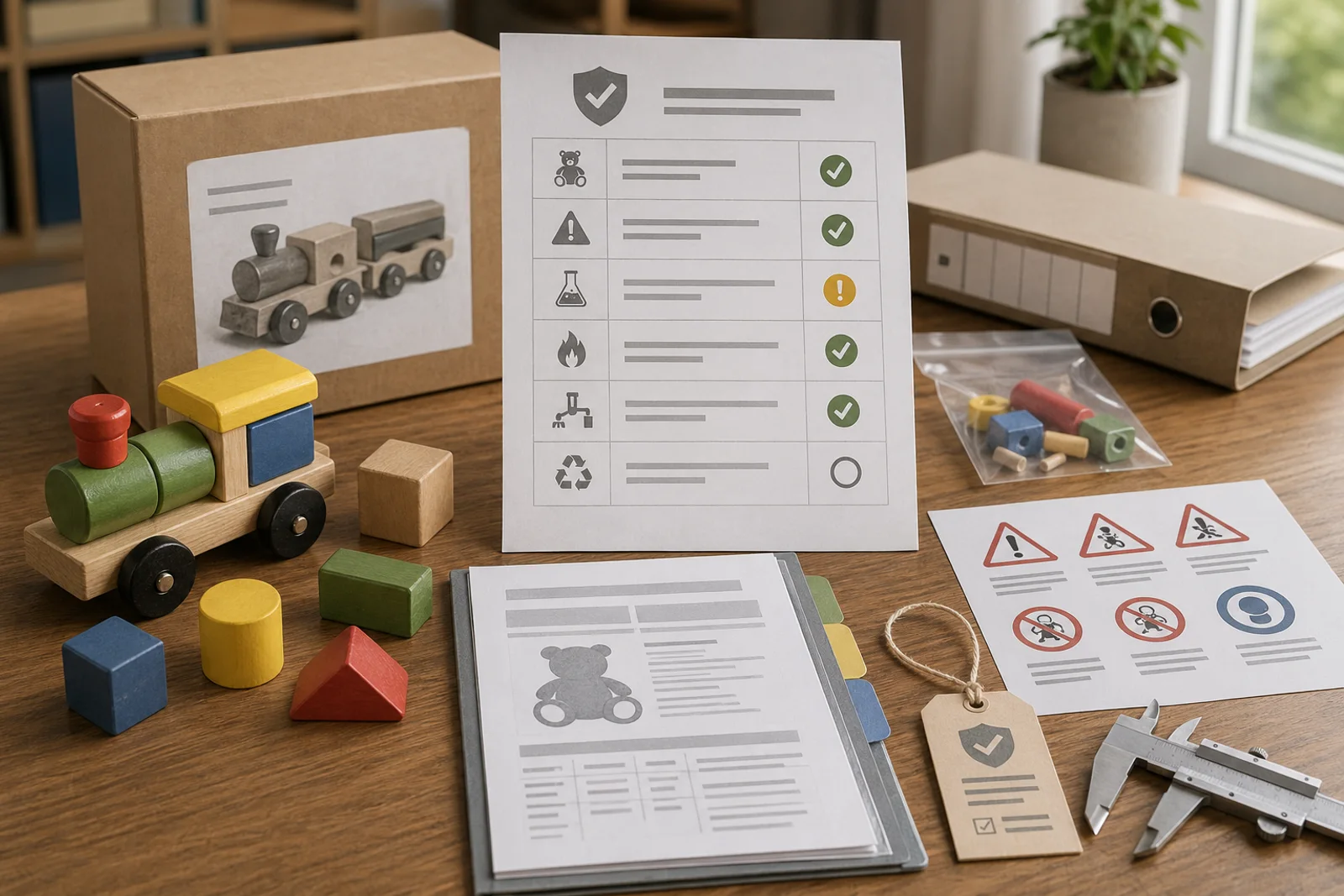 Holzspielzeug, Verpackung und Sicherheitscheckliste als Symbol für Produktsicherheit beim Online-Verkauf
