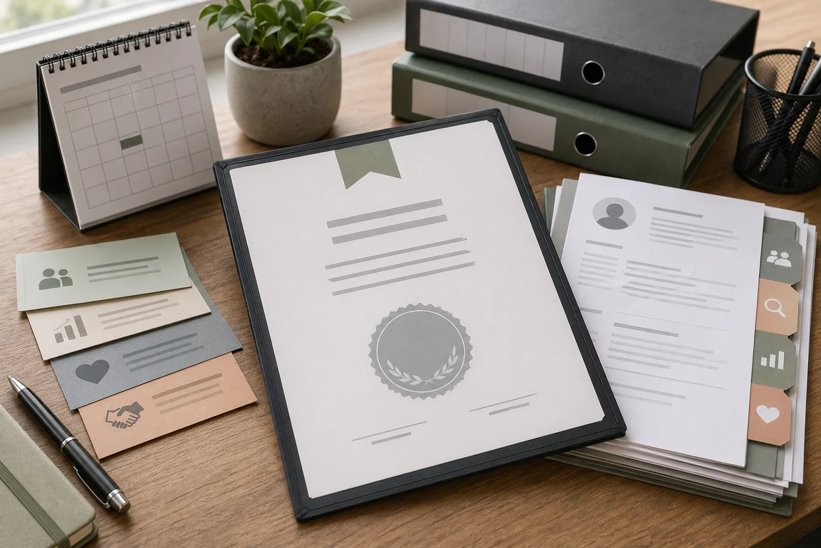 Arbeitgeberzertifikat, Bewerbungsunterlagen und Bewertungsregister als Symbol für Arbeitgeberzertifizierung