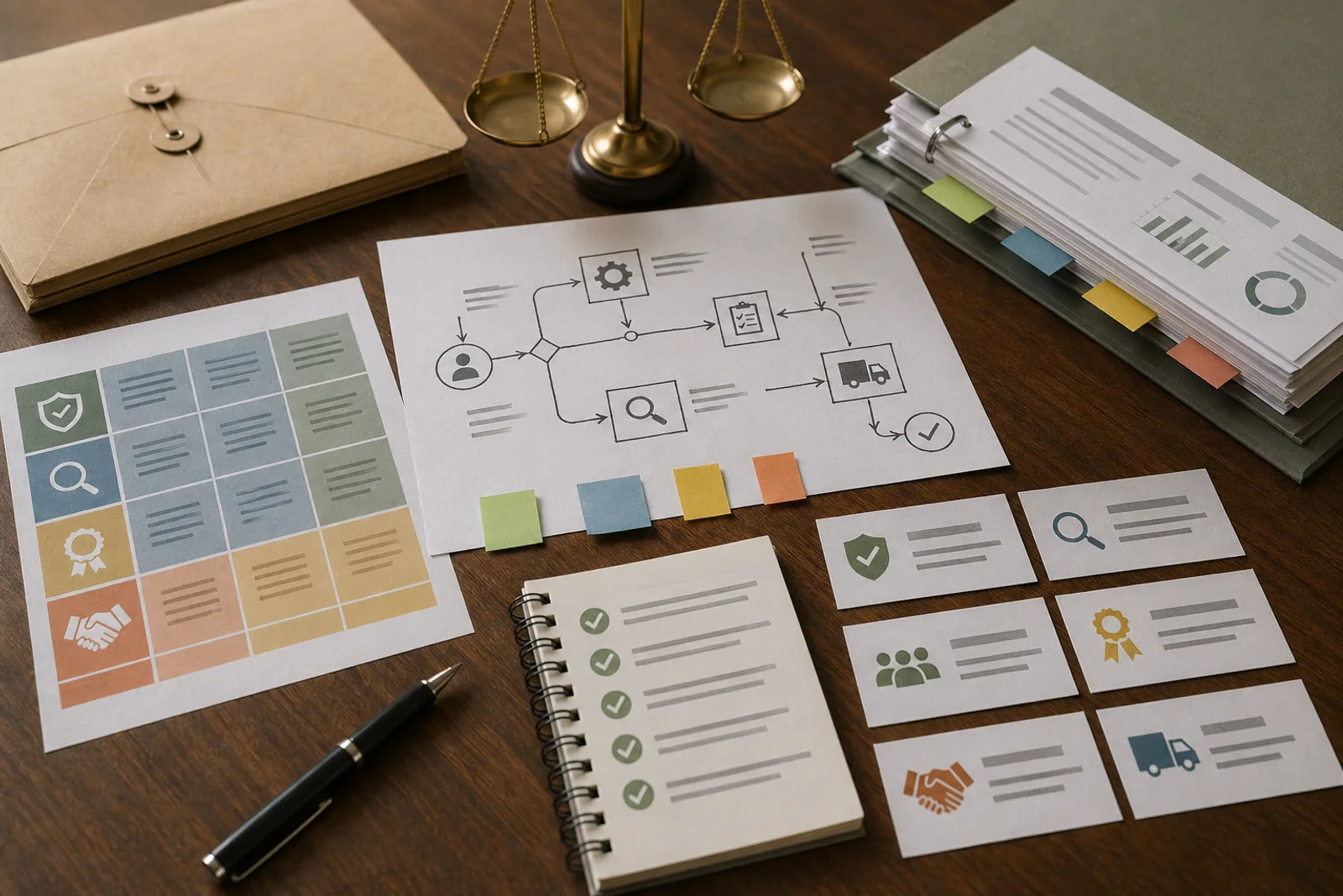 Qualitätsmatrix, Prozesskarten und Prüfkriterien als Symbol für Unternehmensqualität
