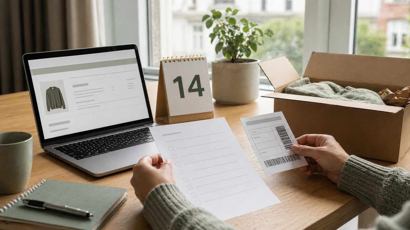 Online-Kauf mit Paket, Widerrufsformular und 14-Tage-Frist als Verbraucherrechte-Symbolbild