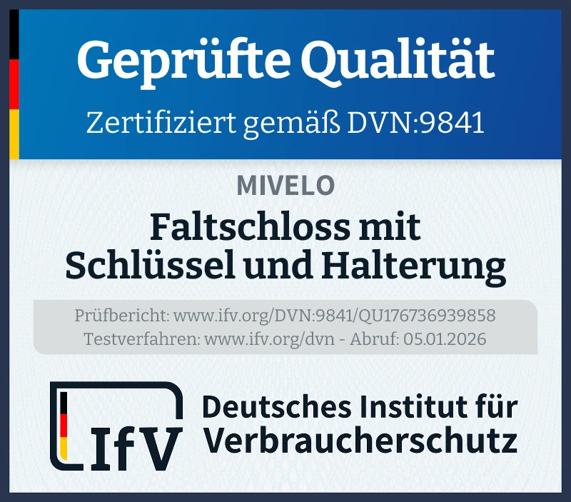 Prüfsiegel Faltschloss mit Schlüssel und Halterung