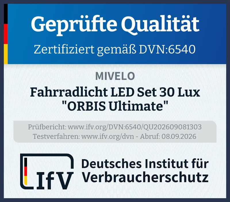 Prüfsiegel Fahrradlicht LED Set 30 Lux "ORBIS Ultimate"