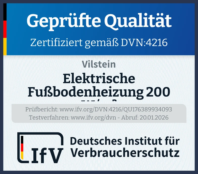 Prüfsiegel Elektrische Fußbodenheizung 200 W/m²