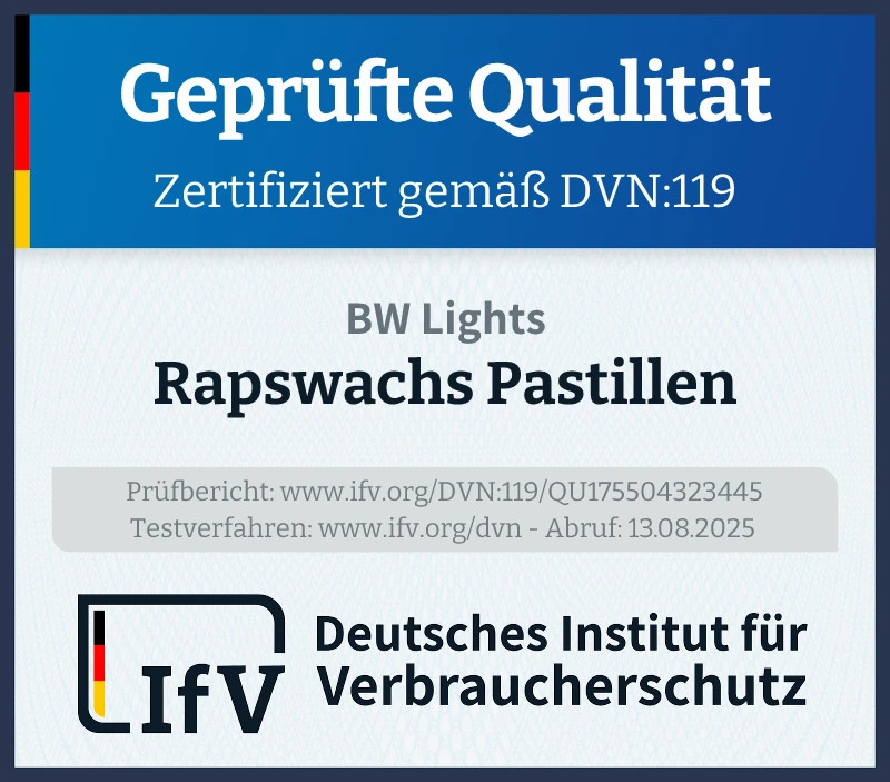 Prüfsiegel Rapswachs Pastillen