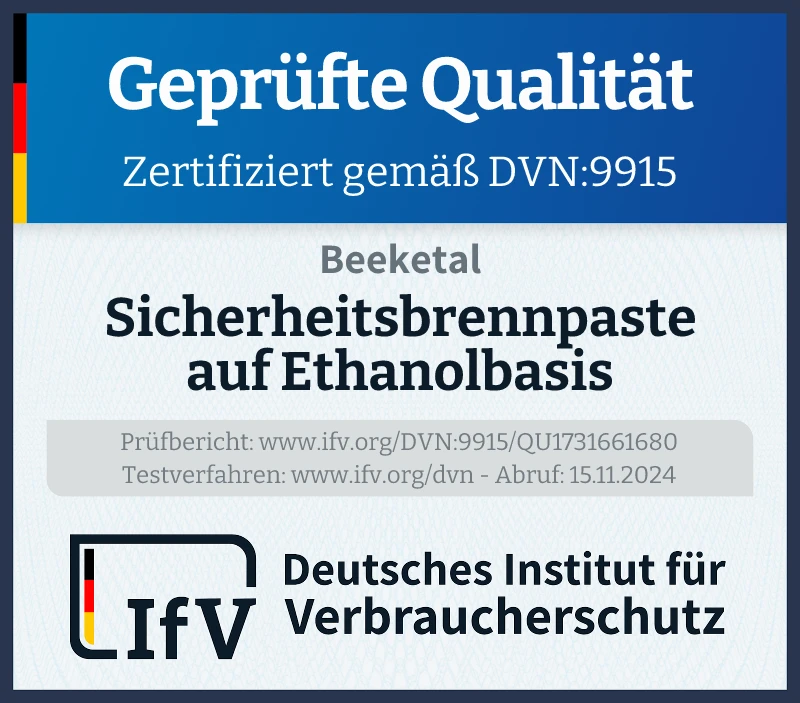 Prüfsiegel Sicherheitsbrennpaste auf Ethanolbasis