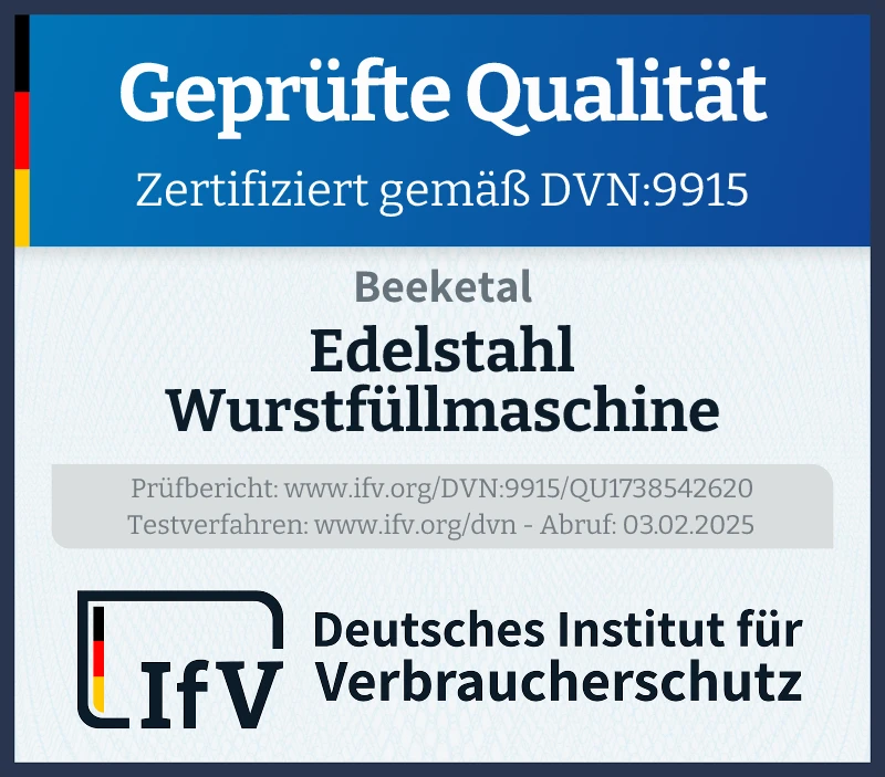 Prüfsiegel Edelstahl Wurstfüllmaschine