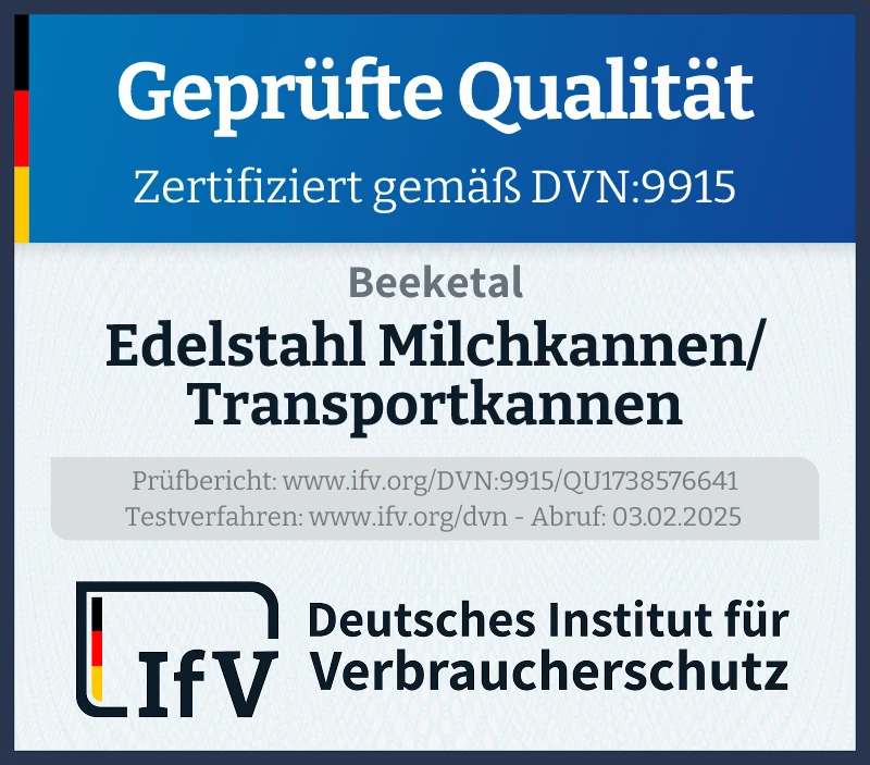 Prüfsiegel Edelstahl Milchkannen/Transportkannen