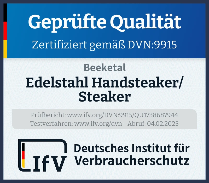 Prüfsiegel Edelstahl Handsteaker/Steaker