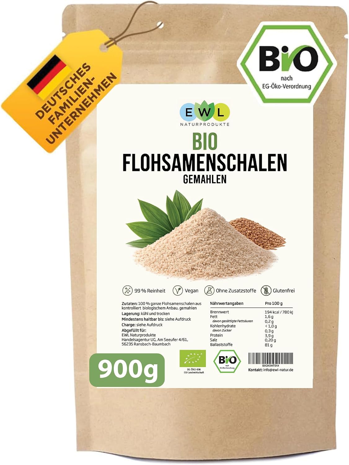 Bio-Flohsamenschalen, gemahlen, 900 g