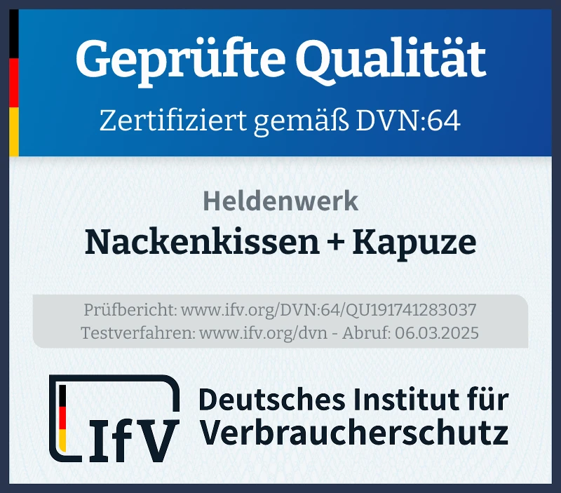 Prüfsiegel Nackenkissen + Kapuze