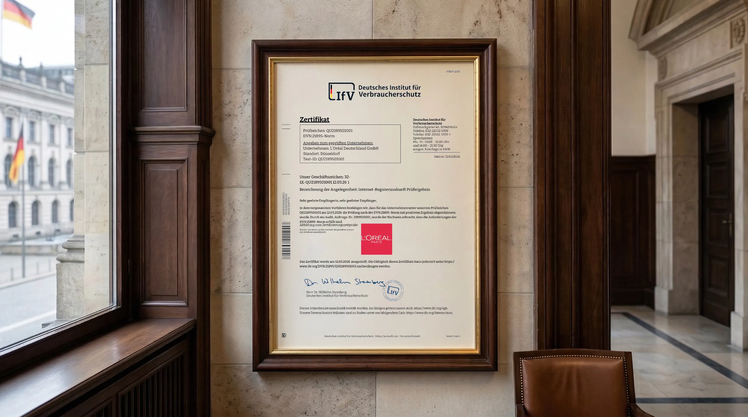Veröffentlichter Zertifikatsnachweis für Zertifizierte Organisationsqualität (QU2189501001) von L'Oréal Deutschland GmbH