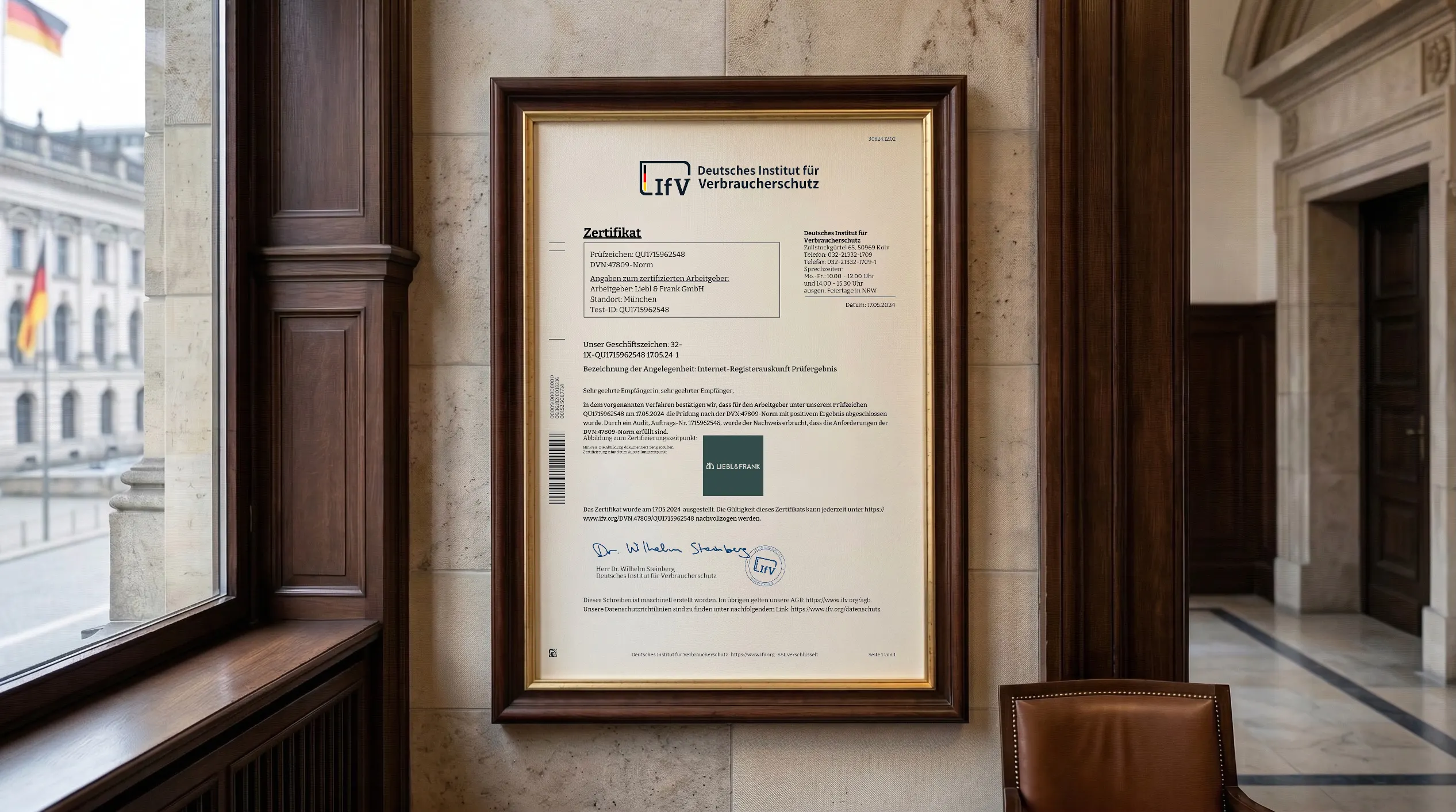 Veröffentlichter Zertifikatsnachweis für Zertifizierter Top-Arbeitgeber (QU1715962548) von Liebl & Frank GmbH