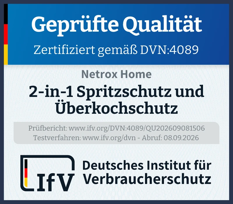 Prüfsiegel 2-in-1 Spritzschutz und Überkochschutz