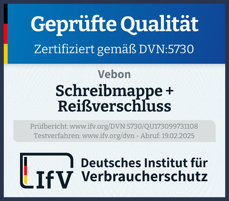 Prüfsiegel Schreibmappe + Reißverschluss