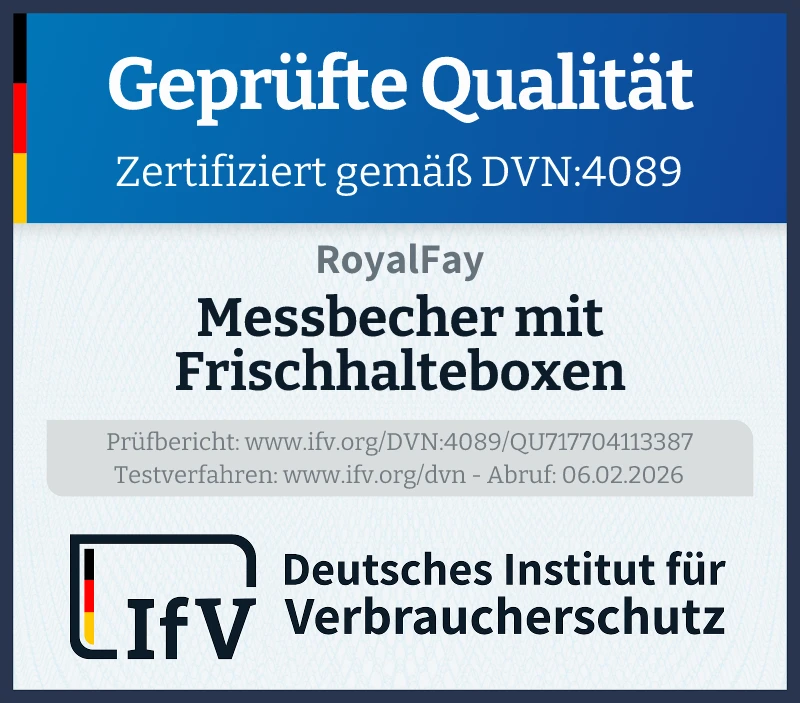 Prüfsiegel Messbecher mit Frischhalteboxen