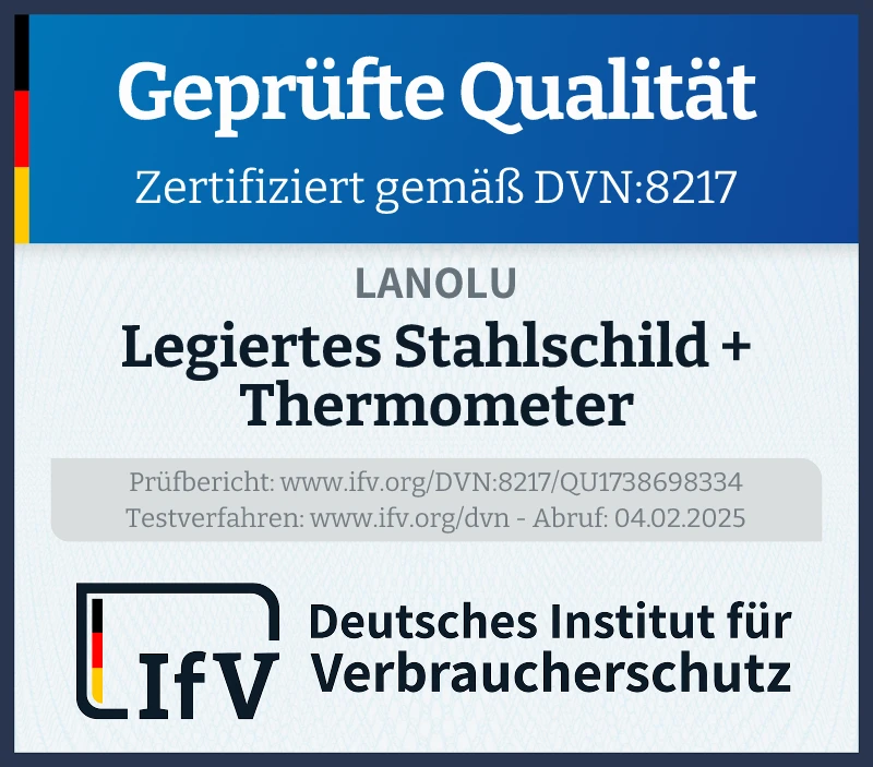 Prüfsiegel Legiertes Stahlschild + Thermometer