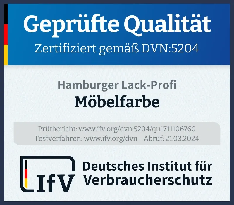 Öffentlich sichtbares IfV-Siegel zur früheren Prüfhistorie der Möbelfarbe von Farben Löwe GmbH