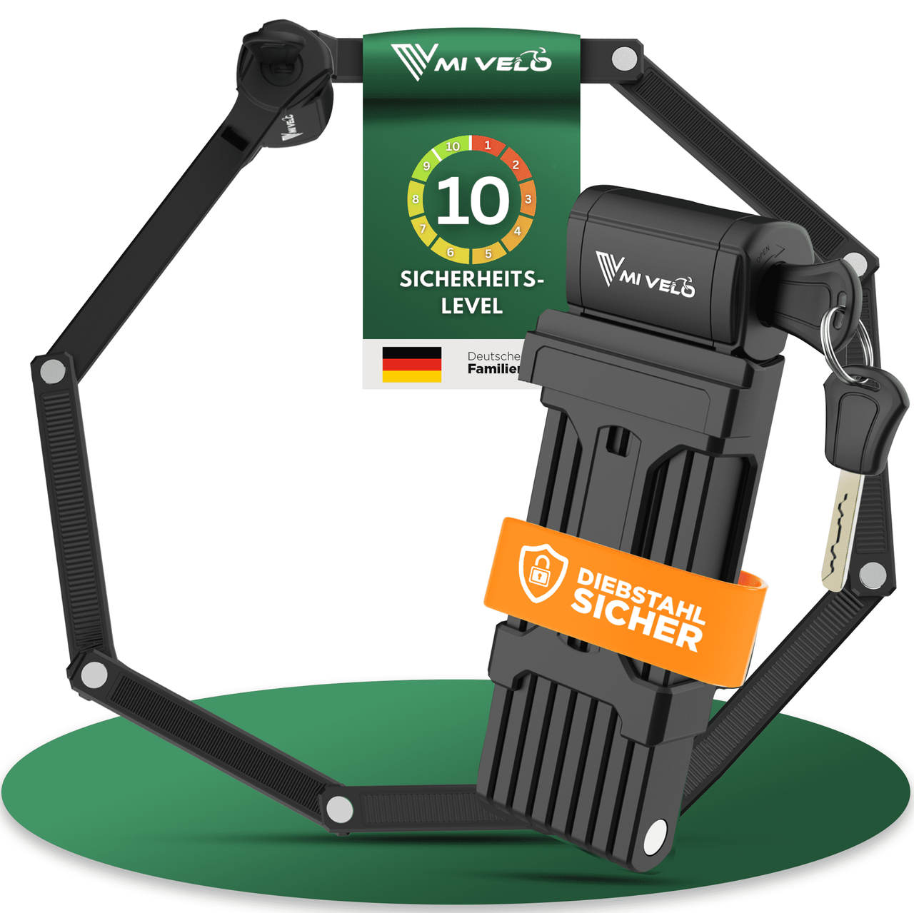 Abbildung Faltschloss mit Schlüssel und Halterung